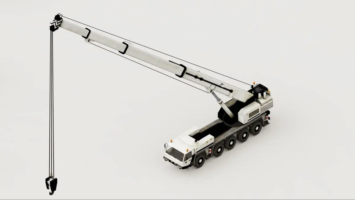 Mobile Crane Heavy Equipment Spare Parts White mobile crane model with fully extended boom arm displayed against a plain grey background, representing heavy equipment requiring spare parts and maintenance