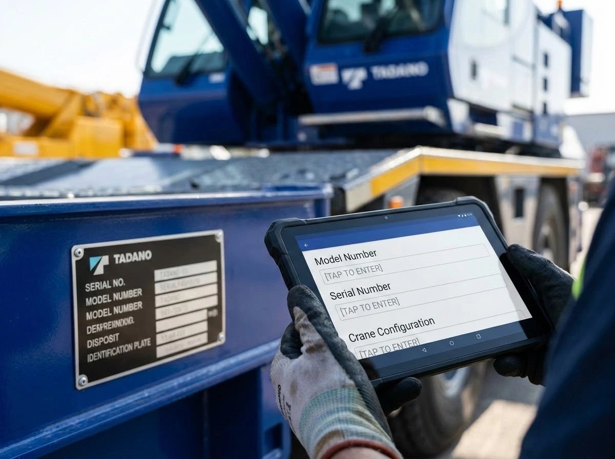 Worker in gloves holding a rugged tablet with model number, serial number and crane configuration fields, beside a Tadano identification plate