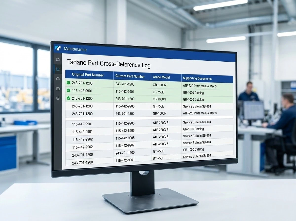 Desktop monitor showing a Tadano part cross-reference log table of original part number, current part number, crane model and supporting documents