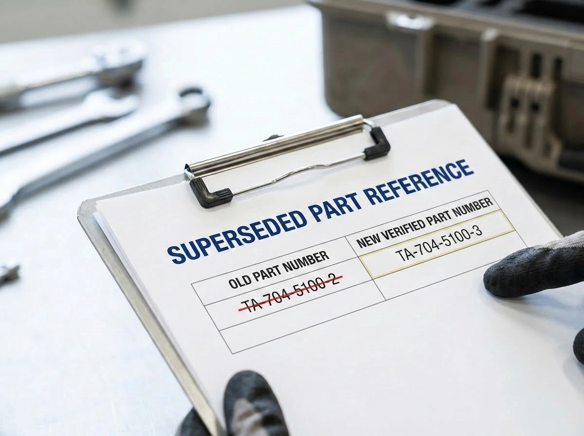 A technician holding a clipboard titled “Superseded Part Reference”, with an old part number struck through beside a new verified part number